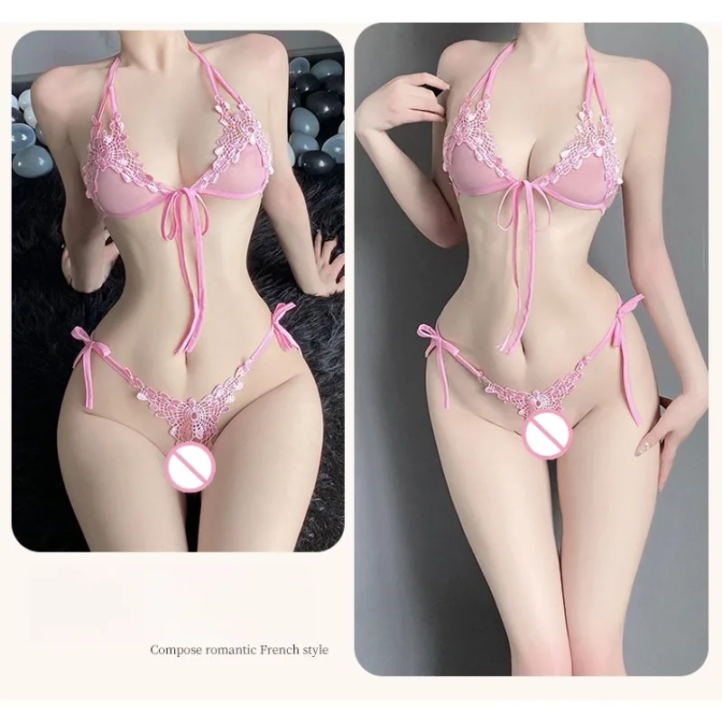 Lingerie erotica più venduta Puro desiderio Fiore Bikini Allettante e stimolante Passione Pizzo Passione di mezzanotte Set sessuale a tre punti