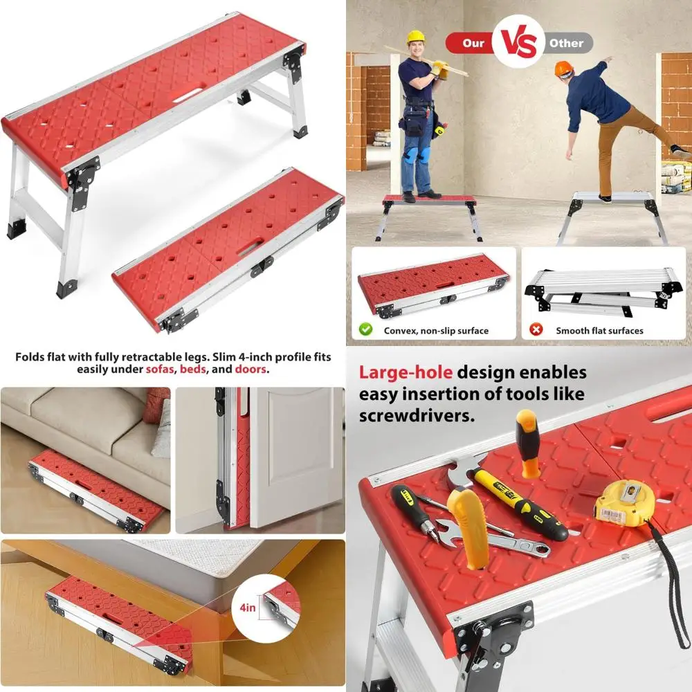 

LEADALLWAY Folding Work Platform with Anti-Slip Feet Cover, Practical Step Ladder for Home Garage, Maximum Load 330lbs, Red