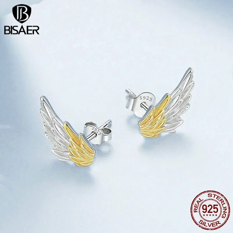 BISAER Anello in argento sterling 925 bicolore con ali d'angelo Orecchini a bottone placcati in oro 14 carati per donne eleganti Gioielleria raffinata