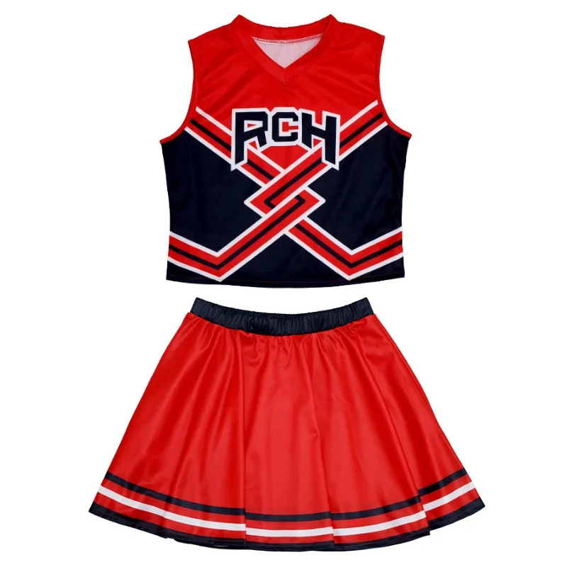 Womens Moive Cosplay Cheerleader Costumes Red Top Skirt Full Set   Cheer Team Uniform Adult Halloween Carnival Party Clothes