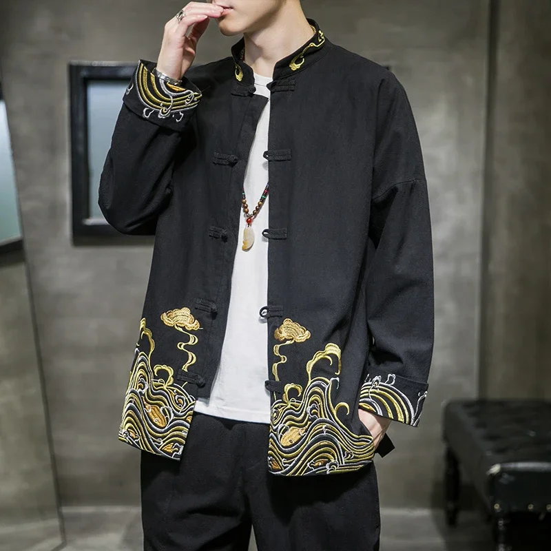 Men's Shirts Embroidered 2025 Spring Chinese Style Retro Stand Collar Jacket Cotton Linen Cardigan Men's Kungfu Loose Casual Top