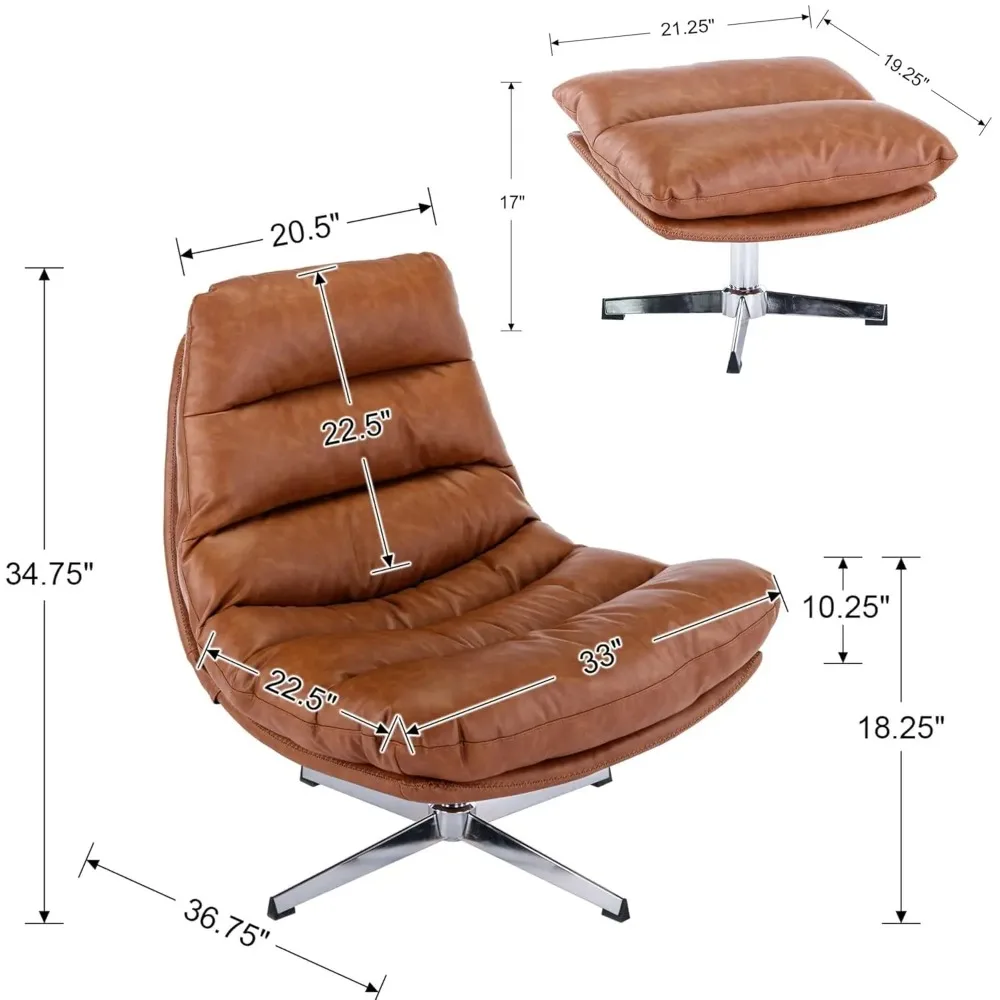 Swivel Accent Chair with Ottoman, Mid Century Modern Faux Leather Lounge Chair with footrest, Comfy Oversized, Customized