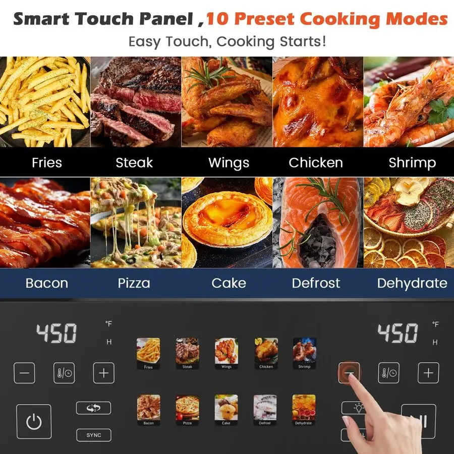 مقلاة هوائية مزدوجة السلة، فرن مقلاة هوائية رقمية 12 بوصة مع نوافذ مرئية، 5QT x 2 درج، لوحة OneTouch LED، لمسة نهائية مزامنة، Dehy #2