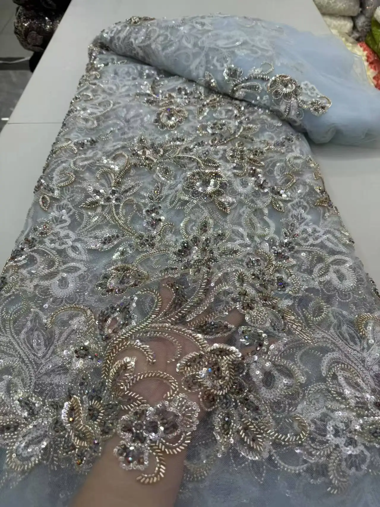 

Beautiful African Beaded Sequin Lace Fabric 2025 High Quality French Nigerian Mesh Tulle Lace Fabric for Bridal Wedding Dresses