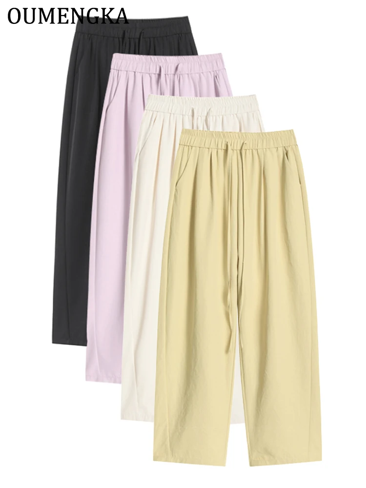 OUMENKA بنطلون نسائي صيفي كاجوال رفيع بطول الكاحل مريح يسمح بمرور الهواء بخصر مطاطي وحزام للارتداء اليومي مع جيب