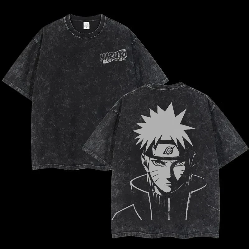 Naruto Uzumaki Porträt T-Shirt Manga Tee Vintage Washed Oversized Retro Anime Harajuku Streetwear Herren Grafik-Kleidung Oberteil