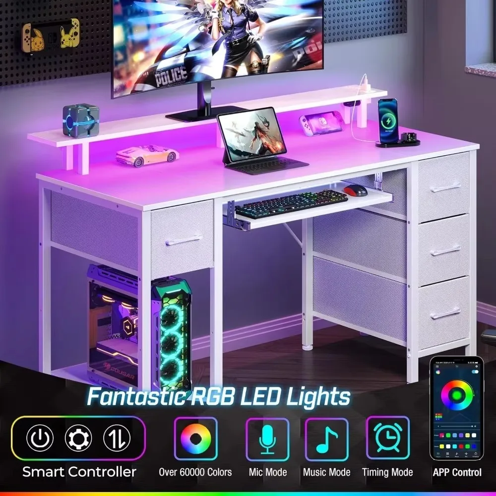 Computer desk, home desk with LED lights and power sockets, home desk with 4 drawers, computer desk with keyboard tray