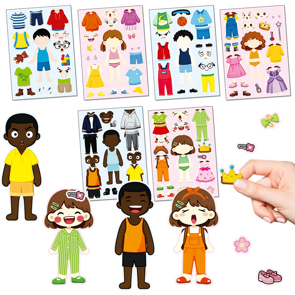 สติกเกอร์ตัวต่อแต่งตัวตัวละคร 6/12 แผ่น สนุกสนานด้วยการสร้างหน้าการ์ตูน เกมต่อจิ๊กซอว์ DIY ประกอบเอง ของเล่นเสริมพัฒนาการ รางวัลงานปาร์ตี้ ของขวัญ