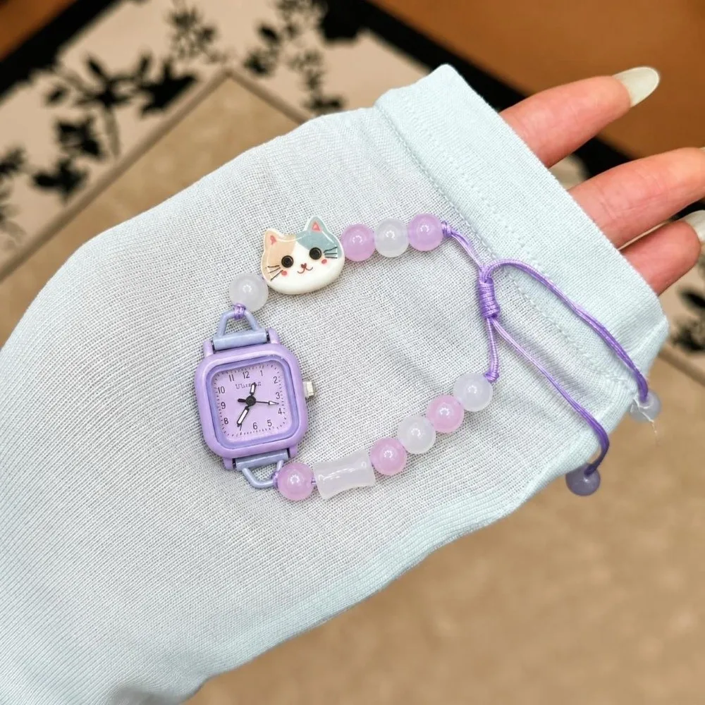 New Adjustable Bracelet Watch Beaded Cute Chain Watch Cartoon Cat Quartz Watch for Women Girls
