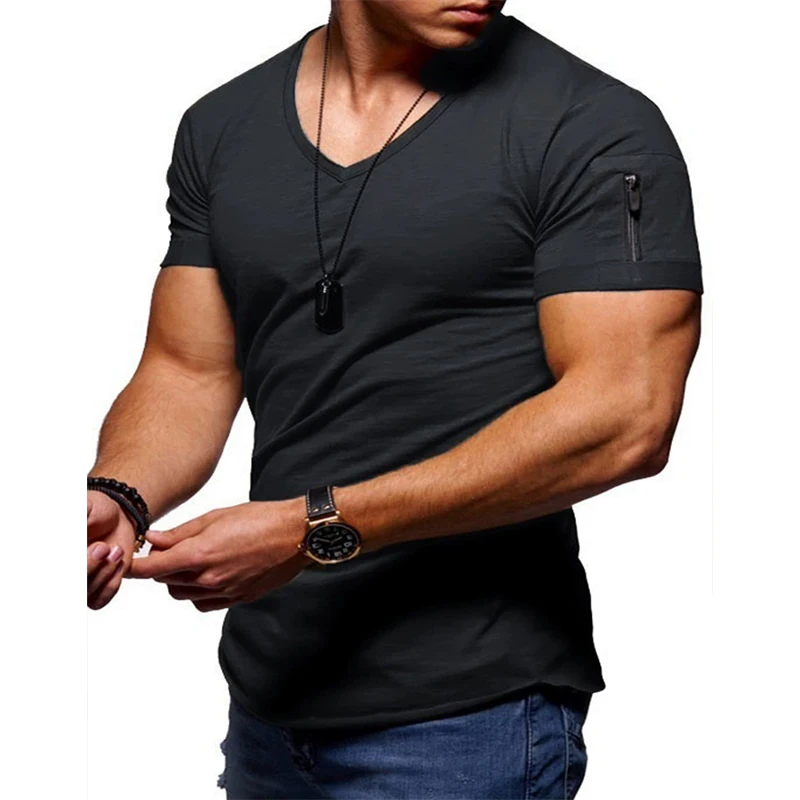 

In 2025, men's hot summer breathable short-sleeved shirts with zipper cuffs and fashionable V-neck T-shirts are on sale