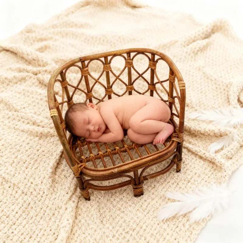 Retro Rattan Posing Bed & Basket Chair 1pc Baby Infant Boy Girl Photo Shooting Props Studio Background Photography Accessories