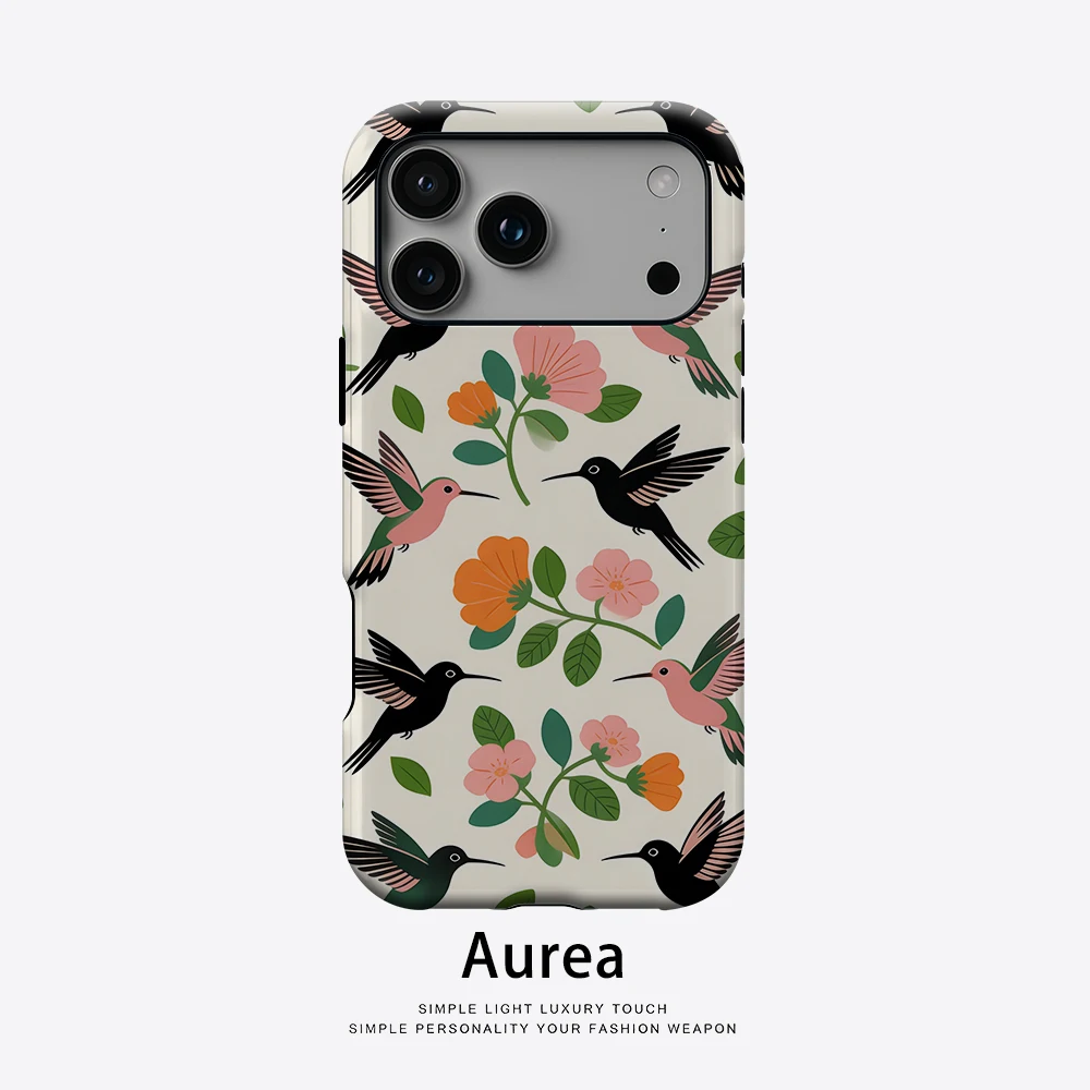 Aurea Case Matte Bumper für MagSafe Hülle für iPhone 18 17 16 15 14 Plus 13 Pro Max Stoßfeste Harte PC-Hülle mit Kolibri-Blumenmuster