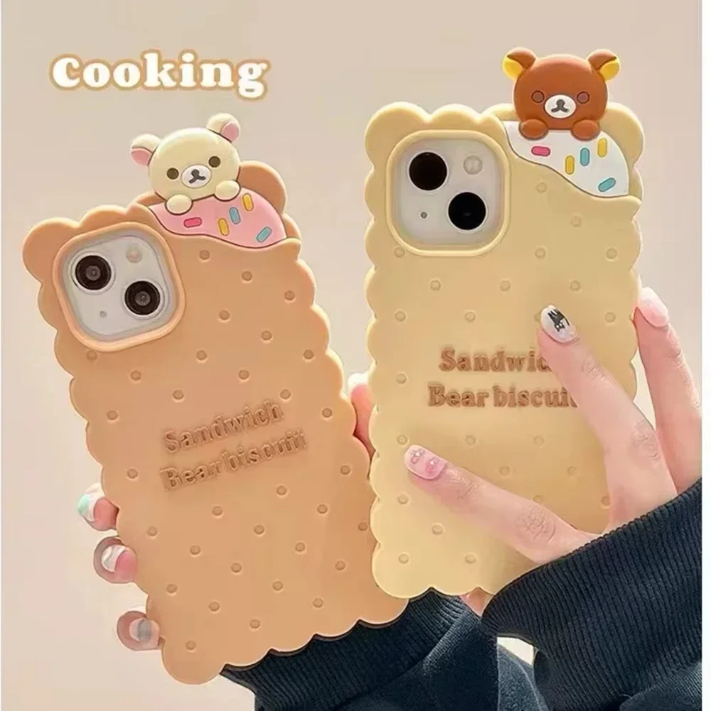 silicone phone case for iphone 11 12 13 14 15 16 Pro Max cartoon Japan super Cute 3D Strawberry flavored cookie doll Bear cover