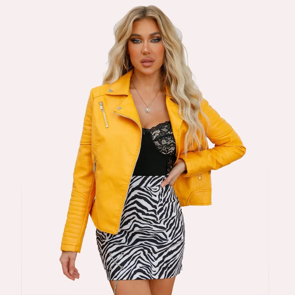

Женская короткая кожаная куртка Slim Fit европейского размера с лацканами в мотоциклетном стиле с косой молнией, весенне-осенняя модная верхняя одежда
