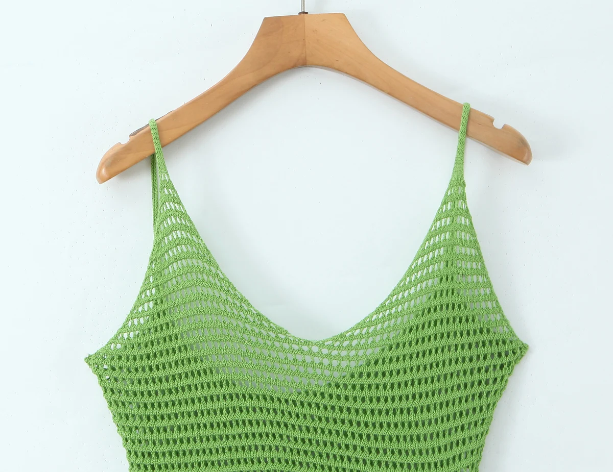 Vacaciones cuello en V profundo ahueca hacia fuera el agujero entrepierna vestido de punto con tirantes mujeres verdes orejas de madera dobladillo con volantes Mini Vestidos bata de mujer amarillo