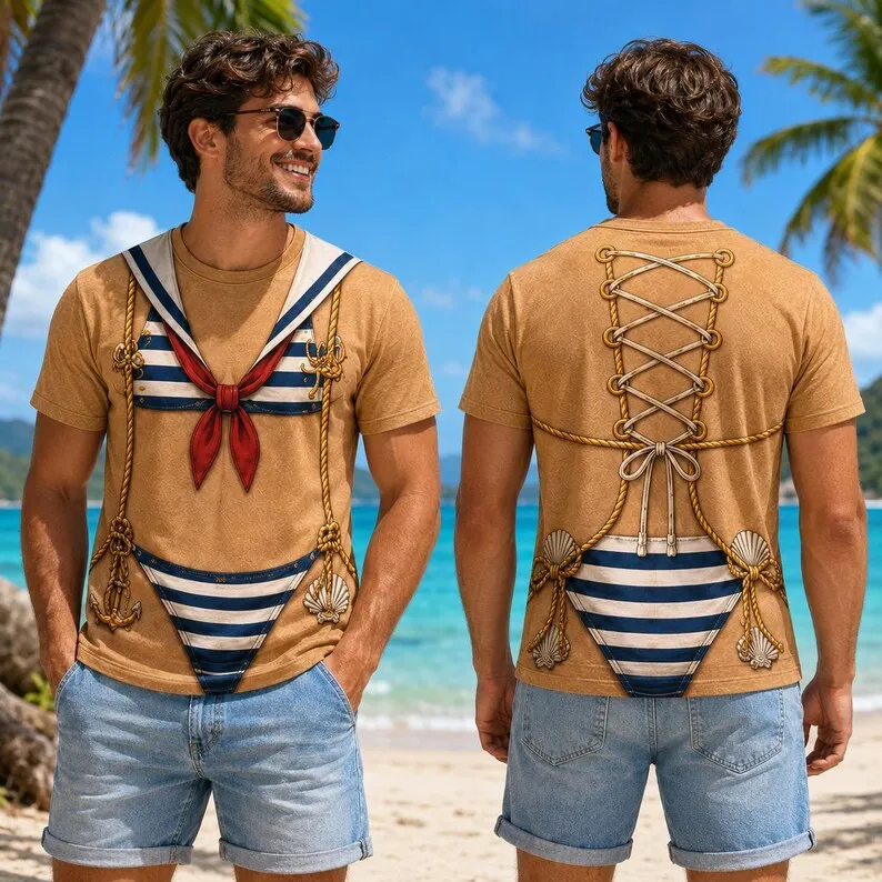 Fun Bikini Tropical Beach T-shirt, Hawaiian Swimsuit Printed T-shirt Cruise Clothing Beach Party Gift Men and Women Pretend