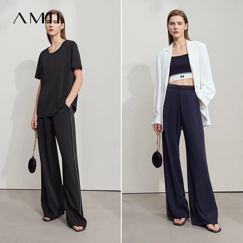 Amii Loose Casual Pants Solid Color Straight 2025 Summer Office Lady Draped Pockets Draped Slim Tie Webbing Trousers 12542178