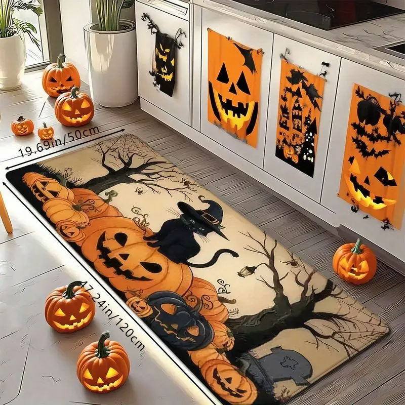 VIKAMA 2Pcs Halloween Black Cat Pumpkin Kitchen Rug Set 2D Print Non‑Slip Anti‑Oil Floor Mats For Kitchen Home Holiday Decor