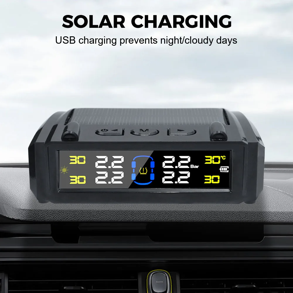 Temperature Warning 4 External Sensors Car TPMS Digital LCD Display 0-6Bar USB / Solar Power Tire Pressure Monitoring System