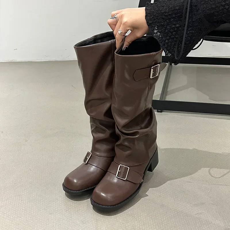 Comemore Autumn Women Biker Boots Fashion Belt Buckle Ladies Elegant Platform Long Pipe Booties Casual Women\'s Knee High Boots