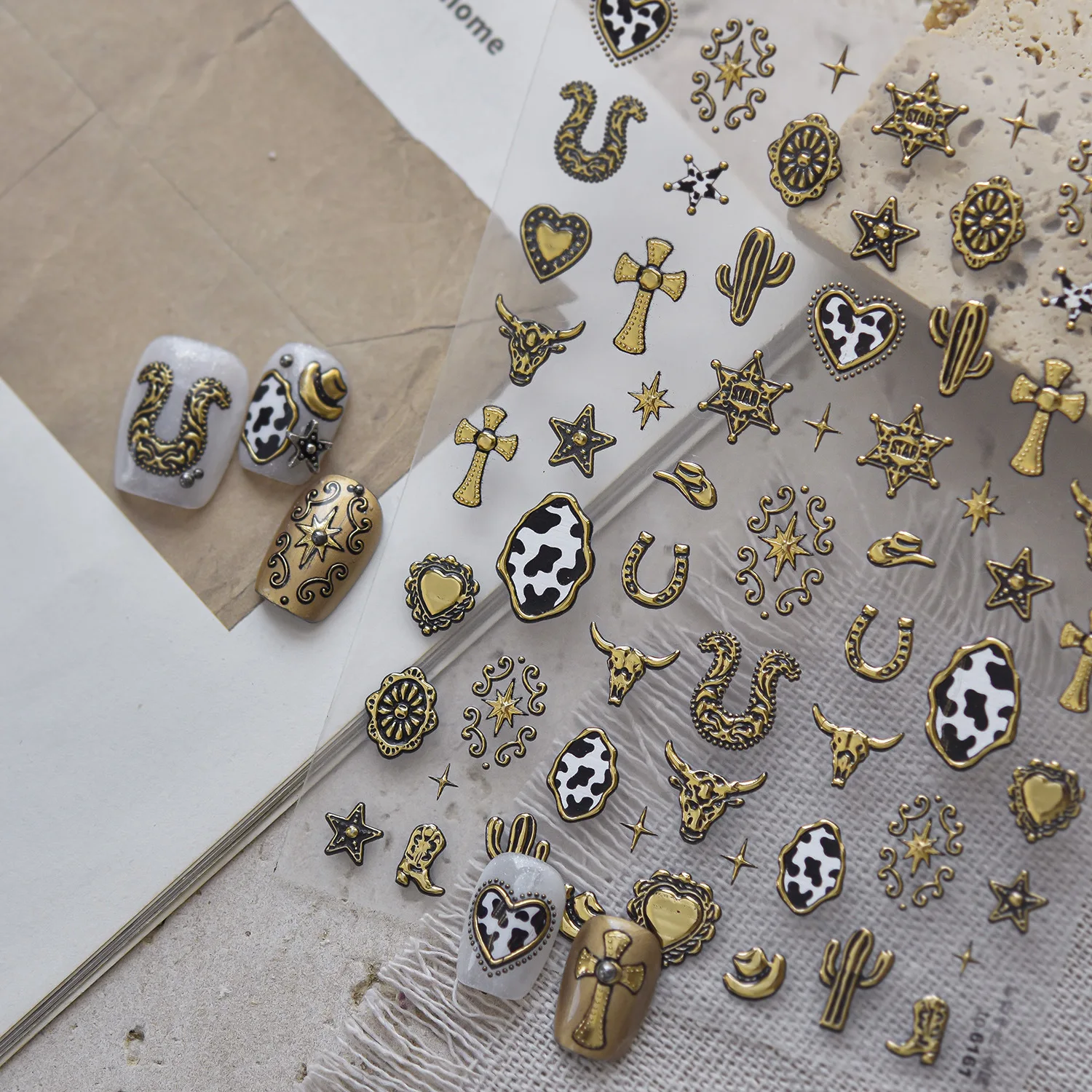 Metal West Cowboy Hat Boots Bull Skull Cactus Classical Gold Rustic Badge Scroll Wild Adhesive Nail Art Sticker Manicure Decals