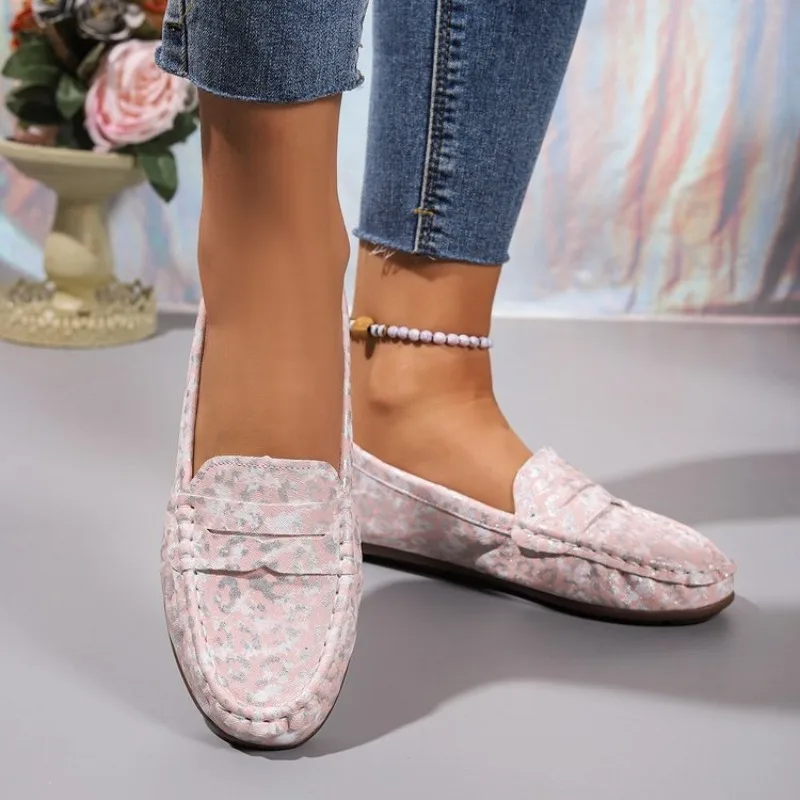 Women's Slip on Loafers Flat Moccasins Round Toe Animal Pattern Metallic Look Finish Classic Penny Strap Daily Walking Footwear