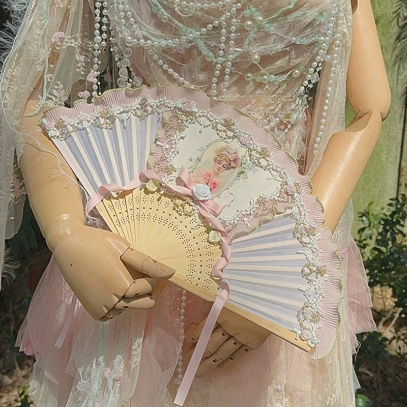 For Vintage Lace Folding Fan, Renaissance Palace Style Hand Fan with Wooden Ribs, Photography Prop