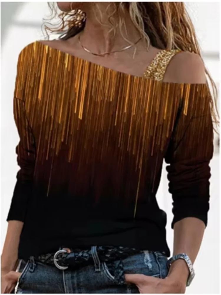 Women's Off Shoulder Printed Long Sleeve T-shirt Lady Diagonal Collar Strap Sexy Vacation Fashion Autumn Top