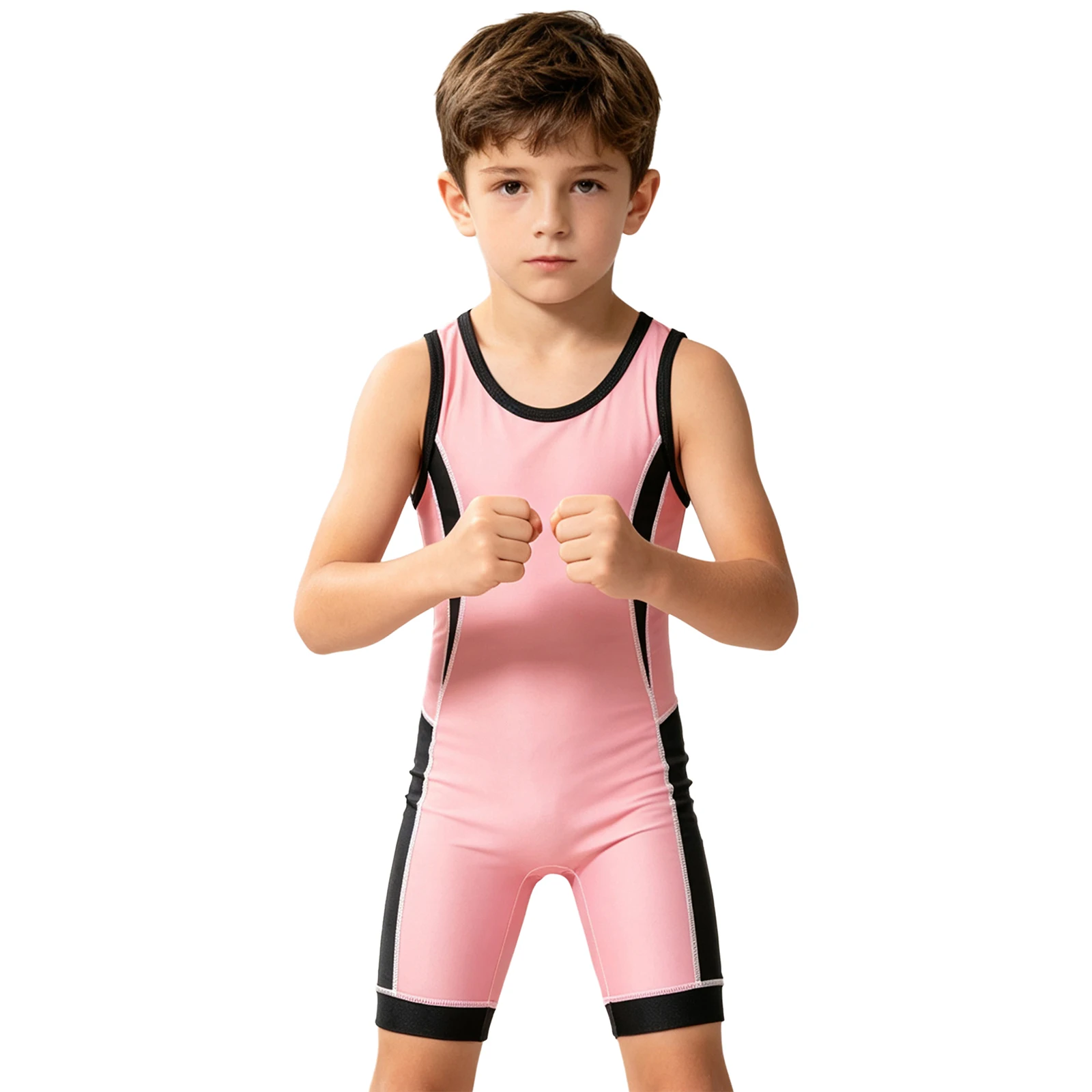 Kinder-Ringertrikot für Jungen und Mädchen, farbblockiert, schnelltrocknend, ärmellos, Oberschenkel-lange Bodysuit für Sport, Training, Übungen und Radfahren – Detail 12