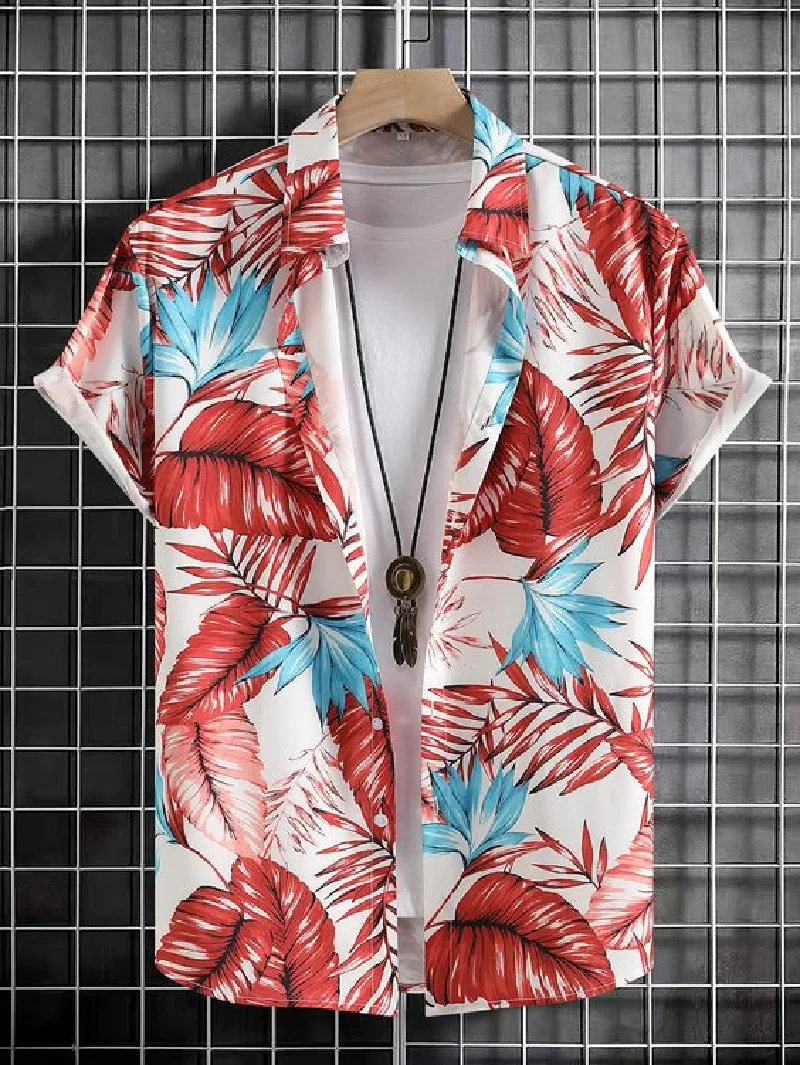 Summer men's Retro Printed Pattern Short Sleeved Lapel Button Fashion Casual Coat Shirt Oversized Clothing