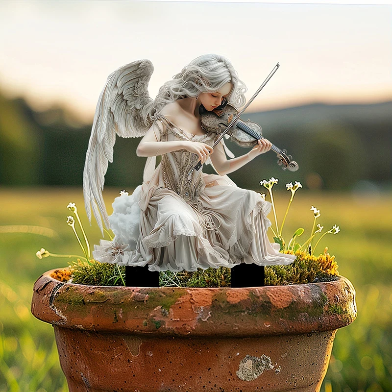 Plant Potted Wooden Stakes White Angel Violin Acrylic Garden Plant Wooden Stakes Outdoor Lawn and Courtyard Plaque Decoration