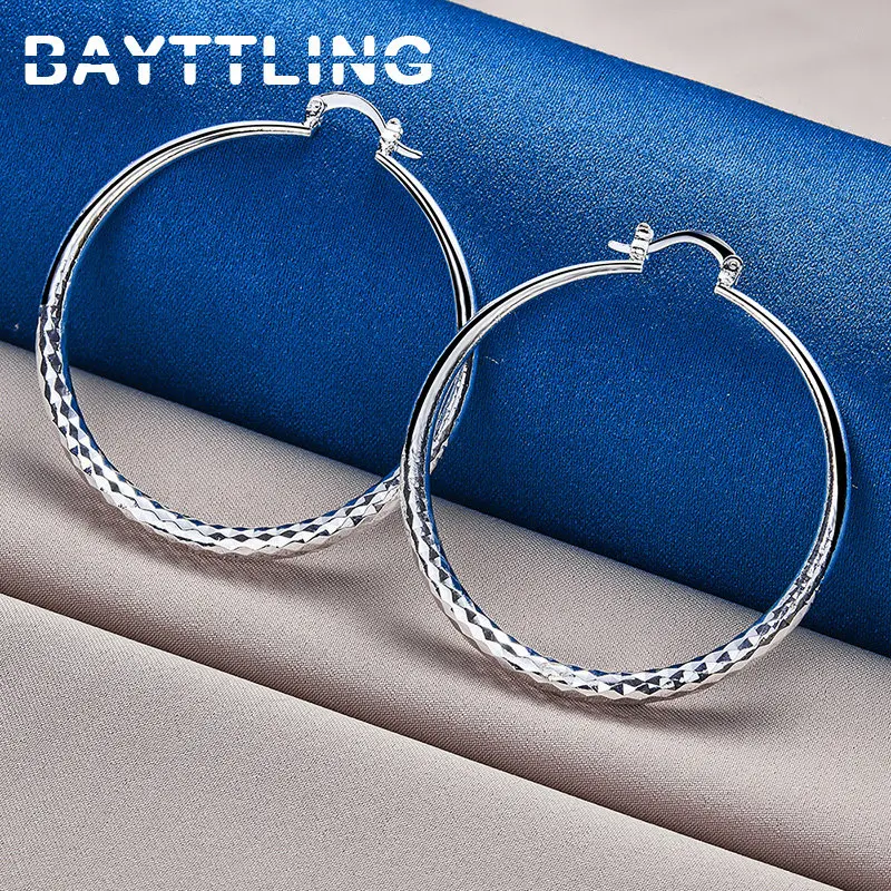 

925 Sterling Silver 50MM Exquisite Shiny Round Hoop Earrings For Women Wife Charm Party Wedding Jewelry Accessories