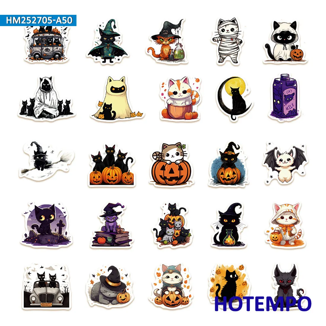 Naklejki na Halloween, Śliczne koty z kreskówek graffiti, Nadaje się do dekoracji, laptopa, samochodu, telefonu, albumu z wycinkami, bagażu, Zabawny pakiet naklejek, 20/30/50 sztuk