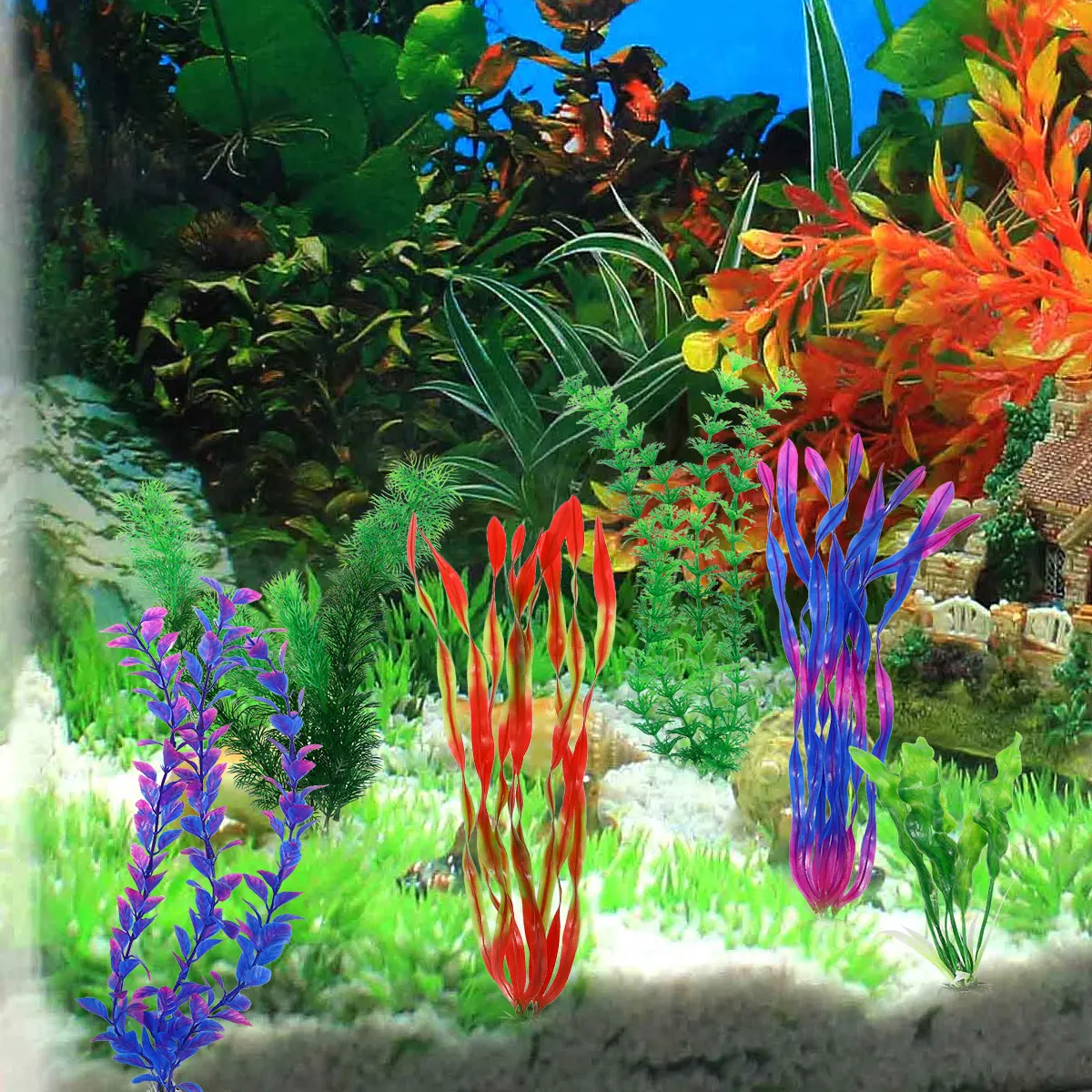 

10pcs Aquarium Plants Artificial Water Grass Decorations Large Fish Tank Creature Landscape Plastic Ceramic Base Vivid for Fish