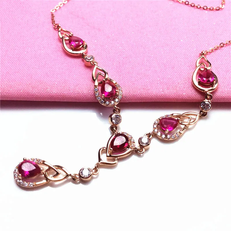 585 Purple Gold Plated 14K Rose Inlaid Water Drop Ruby Pendant new in Chain Necklace Luxury Wedding Fashion Dinner Jewelry Gift