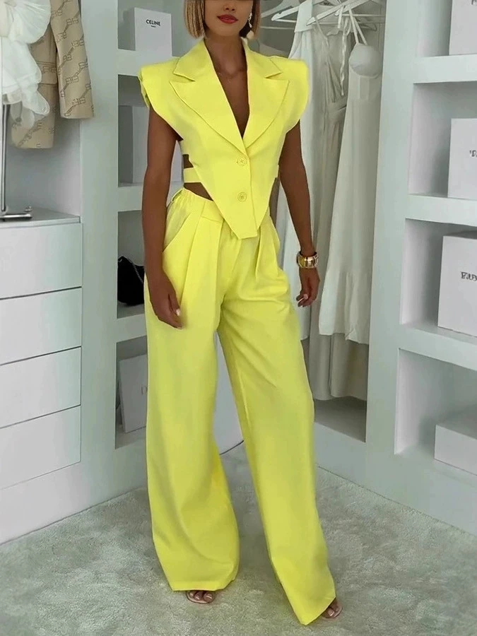 

Women's Temperament Commuting Two Piece Set Irregular Sleeveless Hollow Out Vest Straight Trousers 2 Piece Sets Female 2025 New