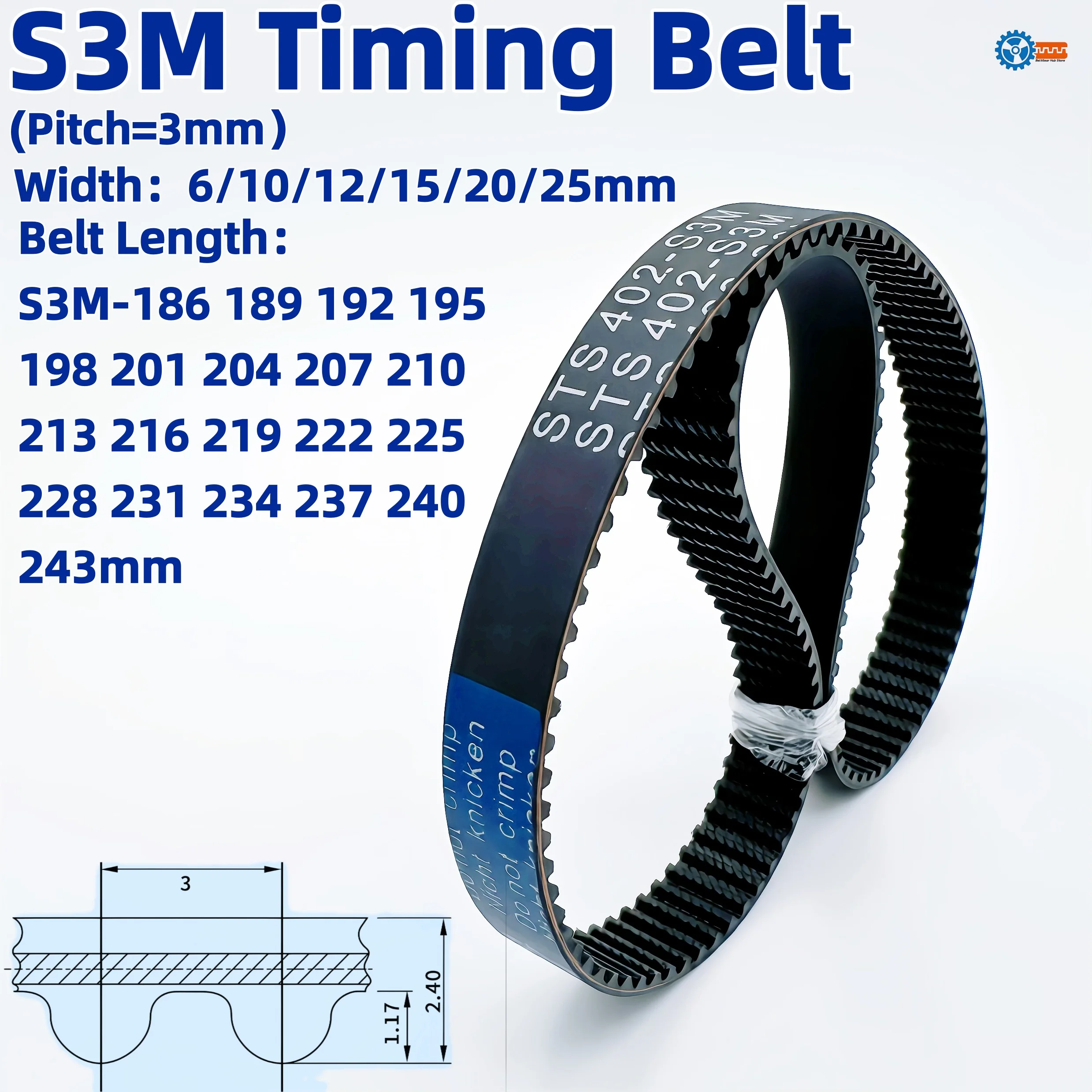 S3M Timing Belt Pitch 3mm Width 6/10/12/15/20/25mm Length 186-243mm Closed Loop Synchronous Belt for 3D Printer CNC Machine