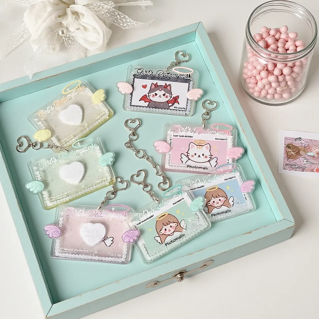 3 Inch Photo Protector Portable Acrylic Photocard Holder Angel Design Keychain Cute Photo Display Cover For Instant Photo Lovers