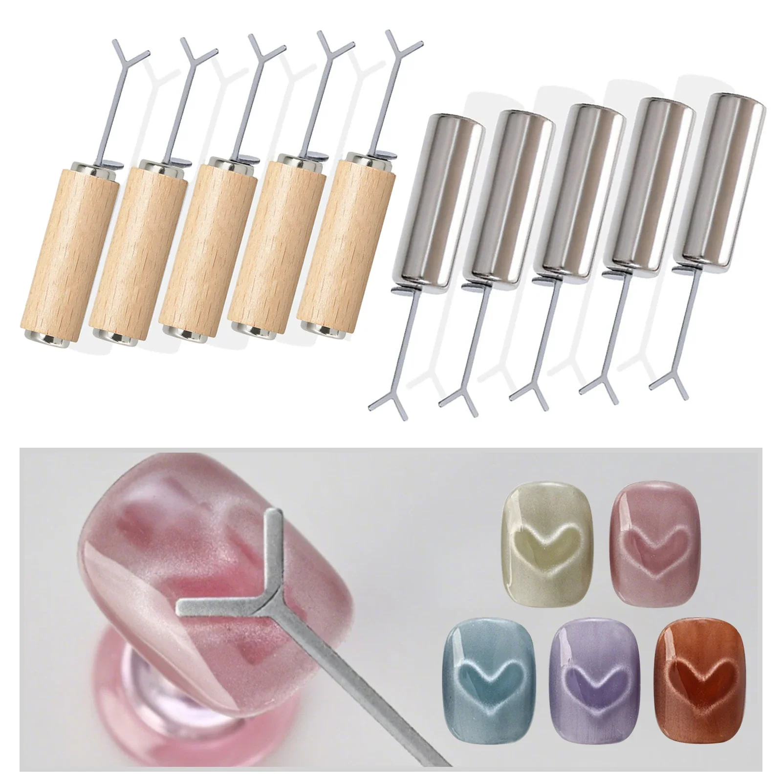 5 Stück Katzenaugen-Nagelmagnete, Nagelmagnet-Set mit 5 Stück Y-förmigen Eisendraht, Katzenaugen-Magnetstab, Katzenaugen-Nagelkunst-Werkzeug für Frauen und Mädchen