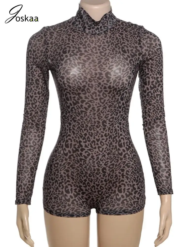 Joskaa 2025, Sommer-Damen-Playsuits mit Leopardenmuster, Netzstoff, sexy Stehkragen, volle Ärmel, Reißverschluss hinten, figurbetonter Strampler, Y2K-Streetwear