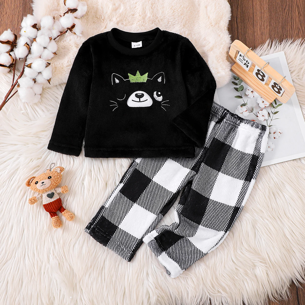 Baby Boy Autumn Winter Flannel Set Soft Black Velvet Top + Black White Plaid Pants Warm And Skin-friendly