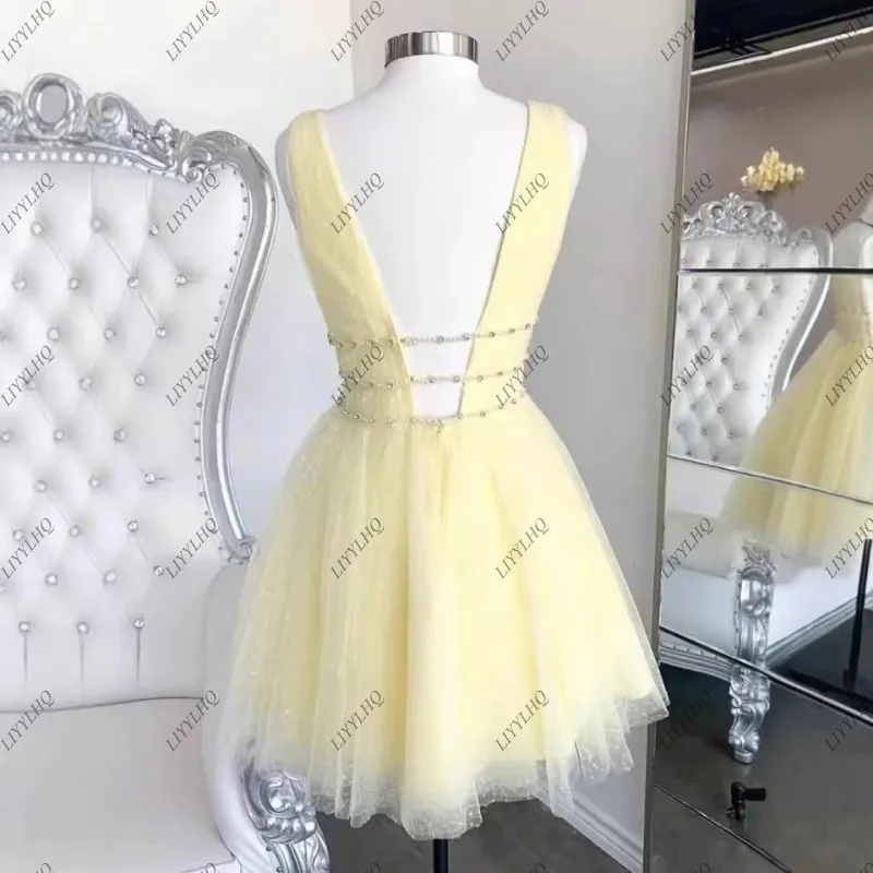 LIYYLHQ Lovely Yellow Homecoming Dresses A Line Backless Tulle Short Mini Simple V Neck Tulle Beads Short Prom Dress Graduation