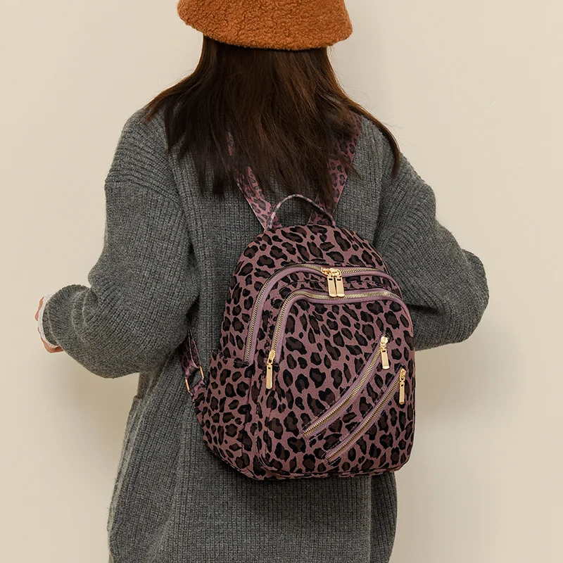 حقيبة ظهر صغيرة كاجوال على شكل الفهد بوهيمية للنساء متعددة المقصورات حقيبة أنيقة محمولة للسيدات لخريف وشتاء