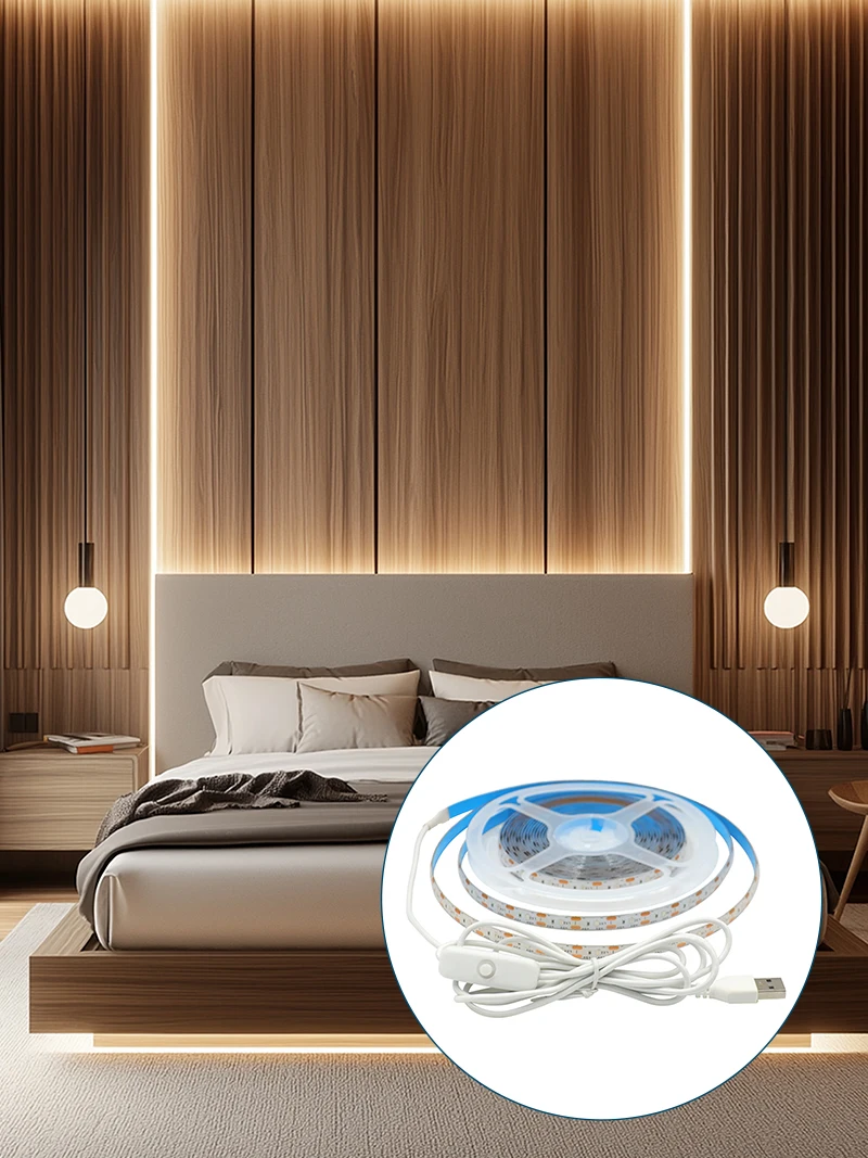 Bande lumineuse LED 5V 2835 avec interrupteur poussoir USB, 60 diodes/m, bande lumineuse Flexible pour chambre, cuisine, éclairage de décoration