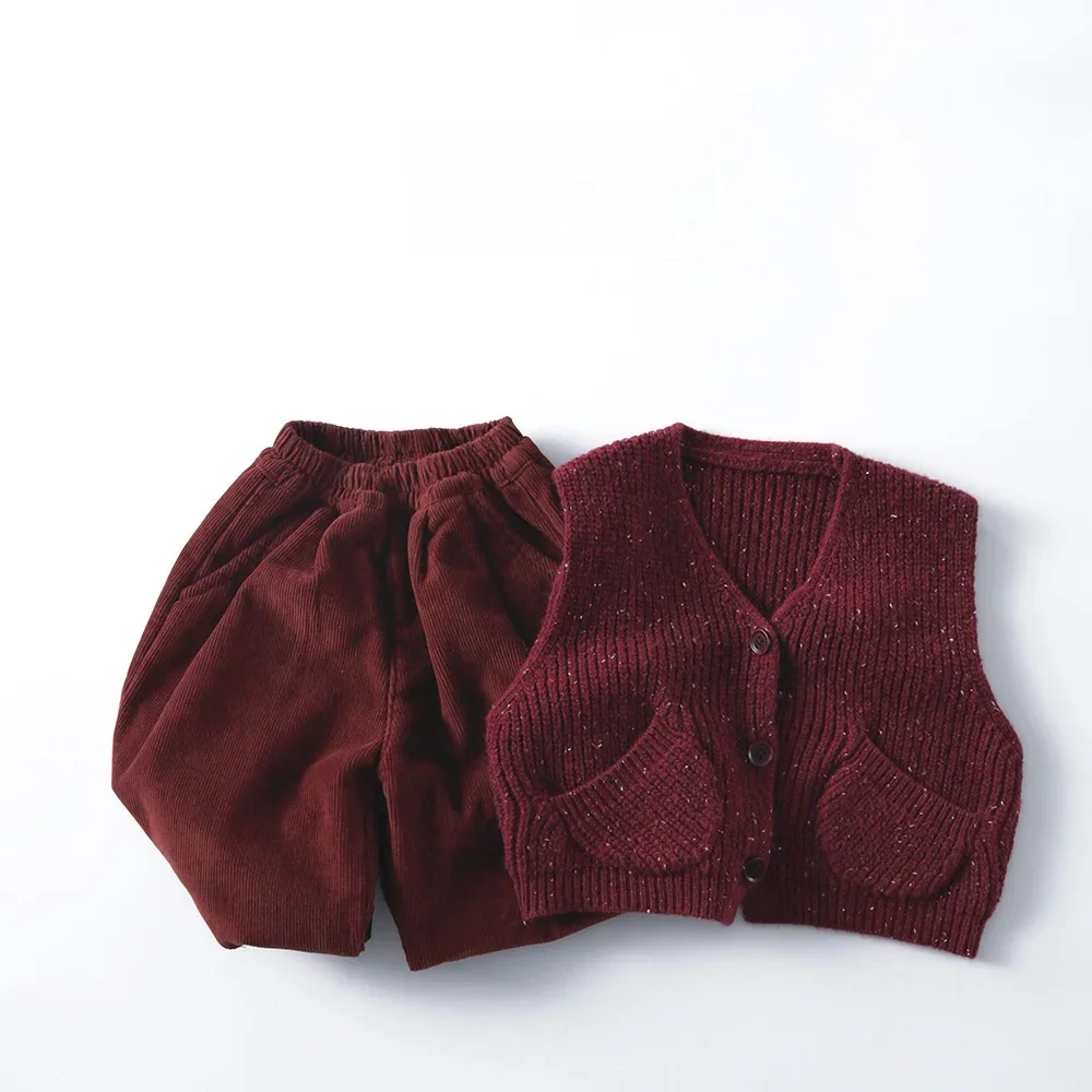 Vintage 1-7Y Kids Knit Vest Speckled Burgundy Button-Up Cardigan with Pockets Versatile Soft Children's Vest