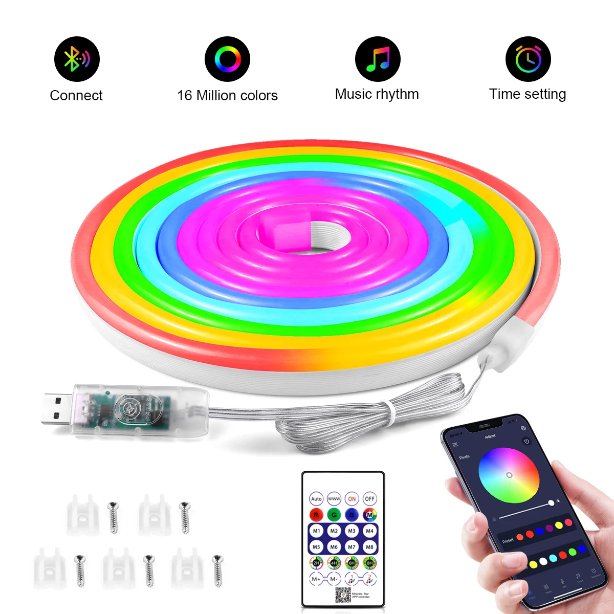 부드러운 유연한 블루투스 RGB LED 네온 로프 조명, WS2812 RGBIC 방수 LED 테이프, 조도 조절 리모컨 포함, 방 장식용
