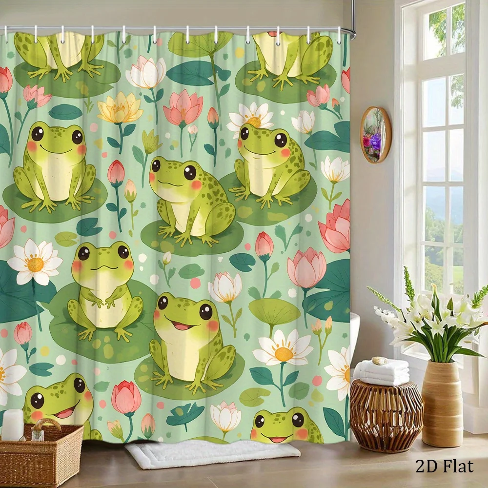 Whimsical Frogs and Lily Pads Shower Curtain - Vibrant Green, Playful Cartoon Style, Polyester, Includes 12 Hooks, 70.8x70.8 Inc