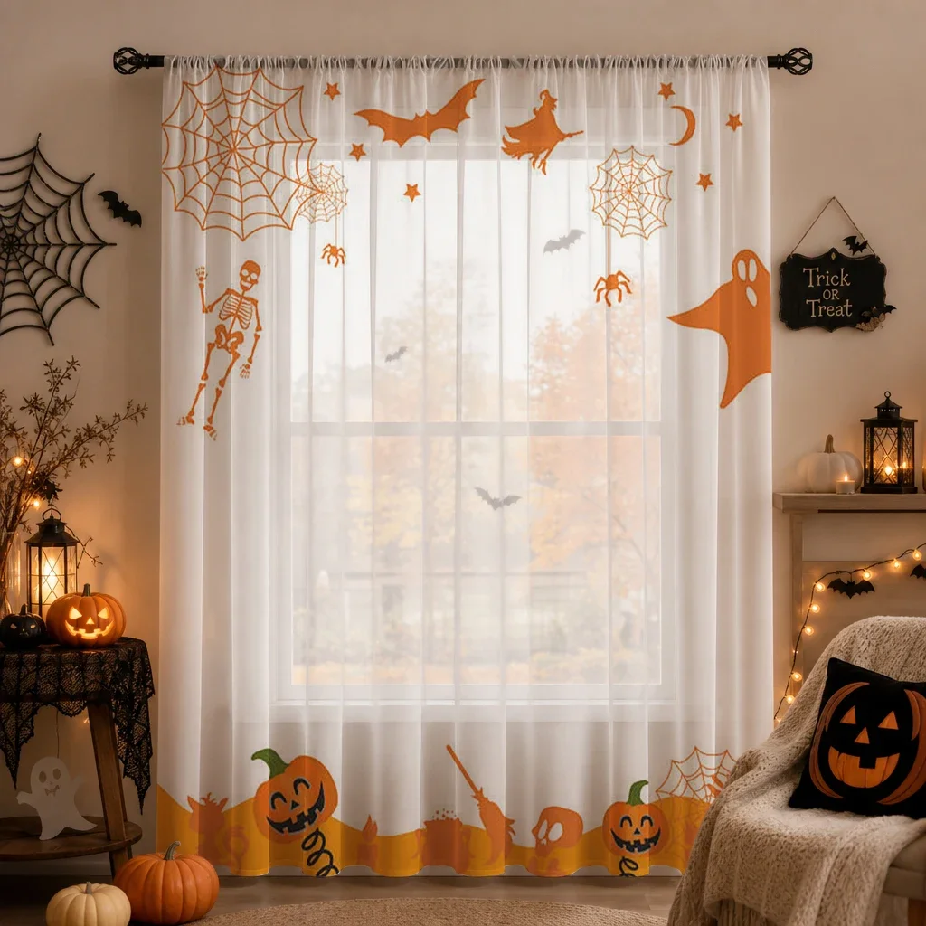 Halloween Festival Sheer Curtain, Good Quality Light Reducing Privacy Voile For Living/Bedroom/Kids Room,Halloween Festival Gift
