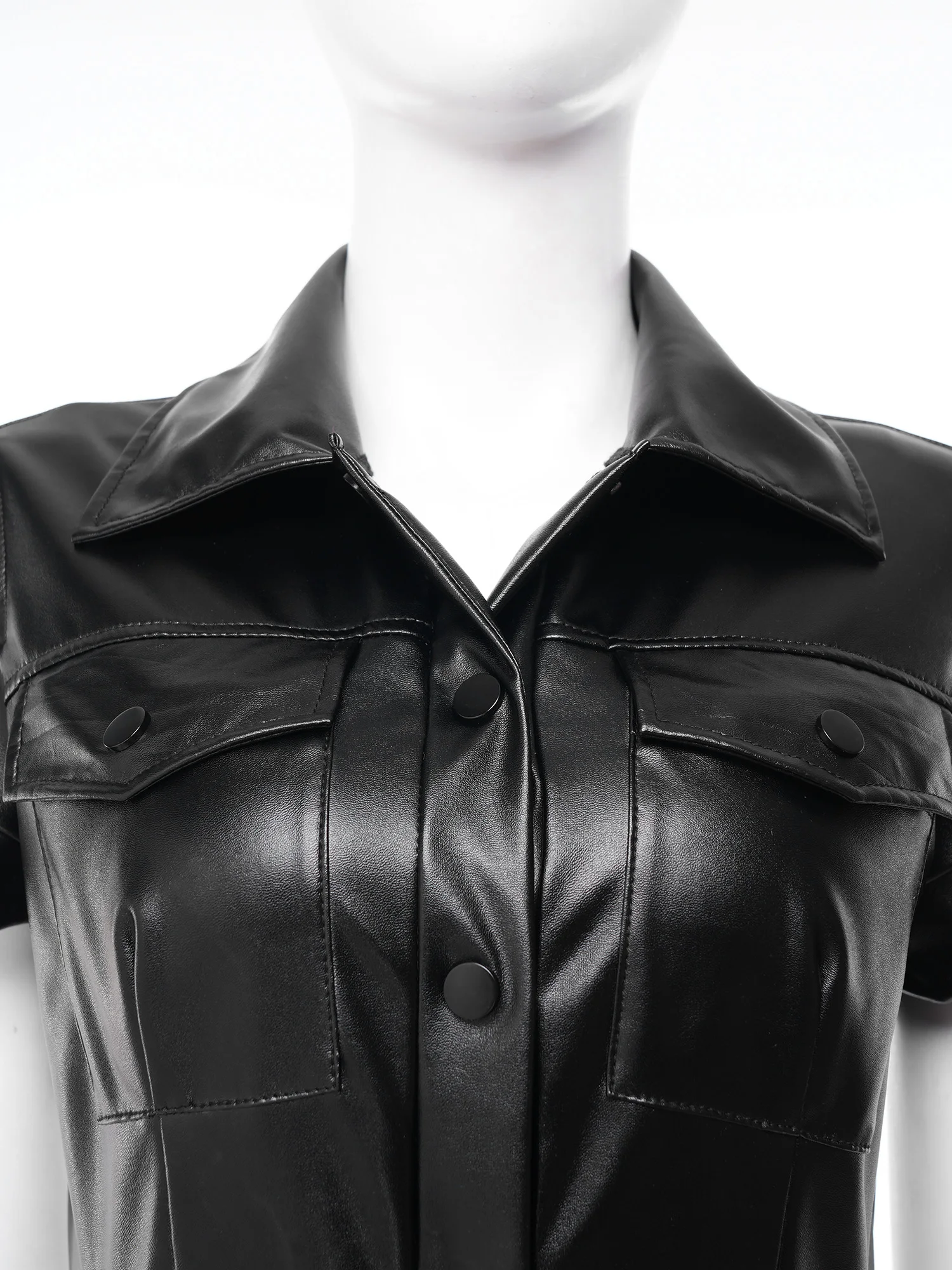 

Stylish Women PU Leather Cargo Jumpsuit Clubwear Cold Shoulder Front Button Side Pockets Straight Leg Rompers for Party Raves