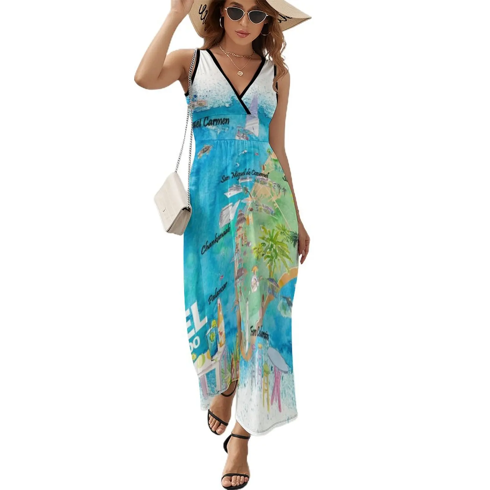 

Cozumel Quintana Roo Mexico Illustrated Travel Map with Roads and Highlights Sleeveless Dress sexy dress Woman fashion